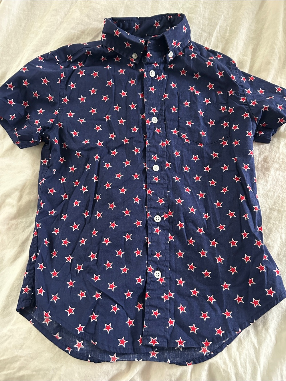 Crewcuts Navy Short-Sleeve Button-Down with Red & White Star Print
